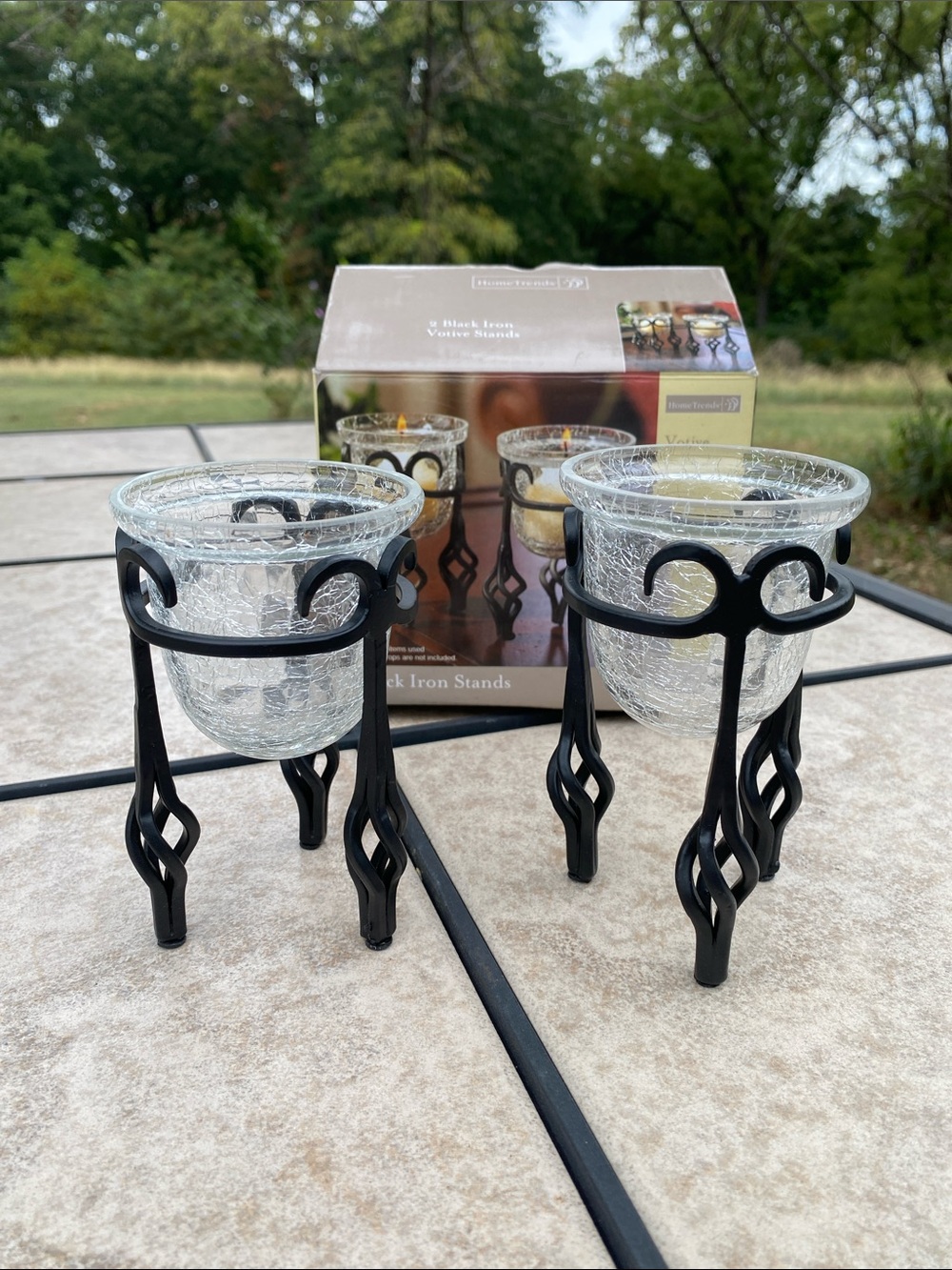 Home Trends Black Iron Stands and Crackle Glass Votive - Set of 2 New In Box